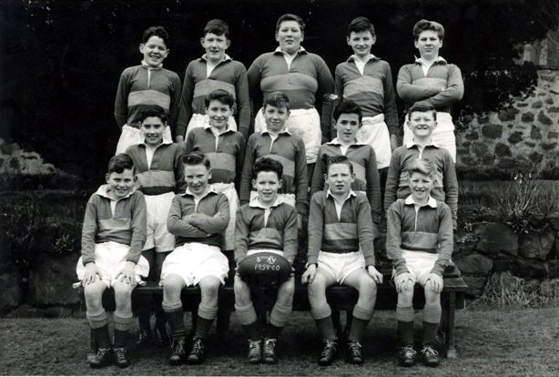Rugby Team1959-60 Scotus Academy.jpg - Rugby Team 59-60. From the back left to right -  Kevin McClaughan, Brian Velsian, Rollo Polletti, Philip Bergin, Frank Vernolinni Francis O'Rourke, Peter Kelly, Peter Flynn, John Coyle, Eddie Cunningham. Brian Wilson, Hugh Lockett, Mike Devlin, Paul Cassisdy, Mike Donoghue. 